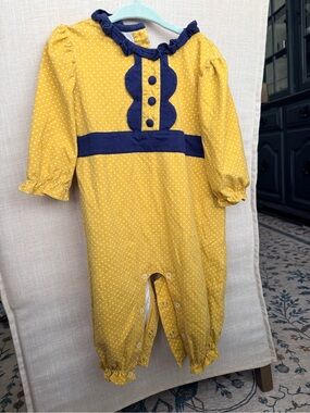 Mustard Yellow Polka Dot Baby Romper with Navy Trim